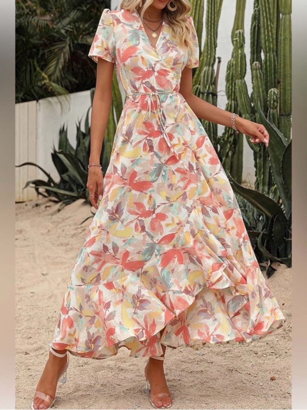 Pretty Garden Floral Wrap Maxi Dress with Tie Waist - Multicolor